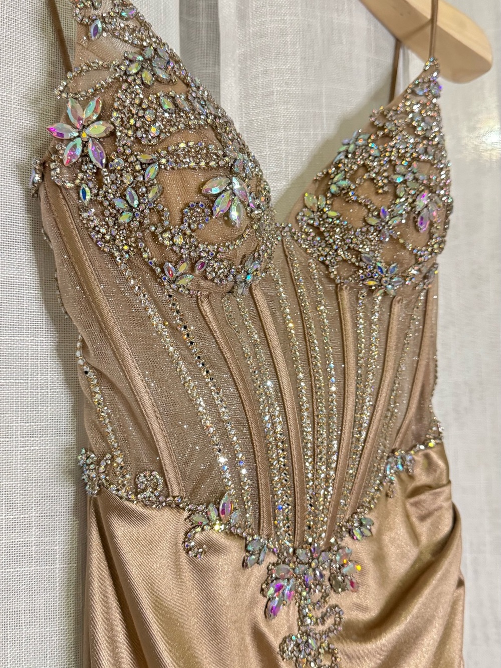 Ladivine Embellished Corset Satin Prom Dress Nude Mermaid Gown - Picture 3 of 13